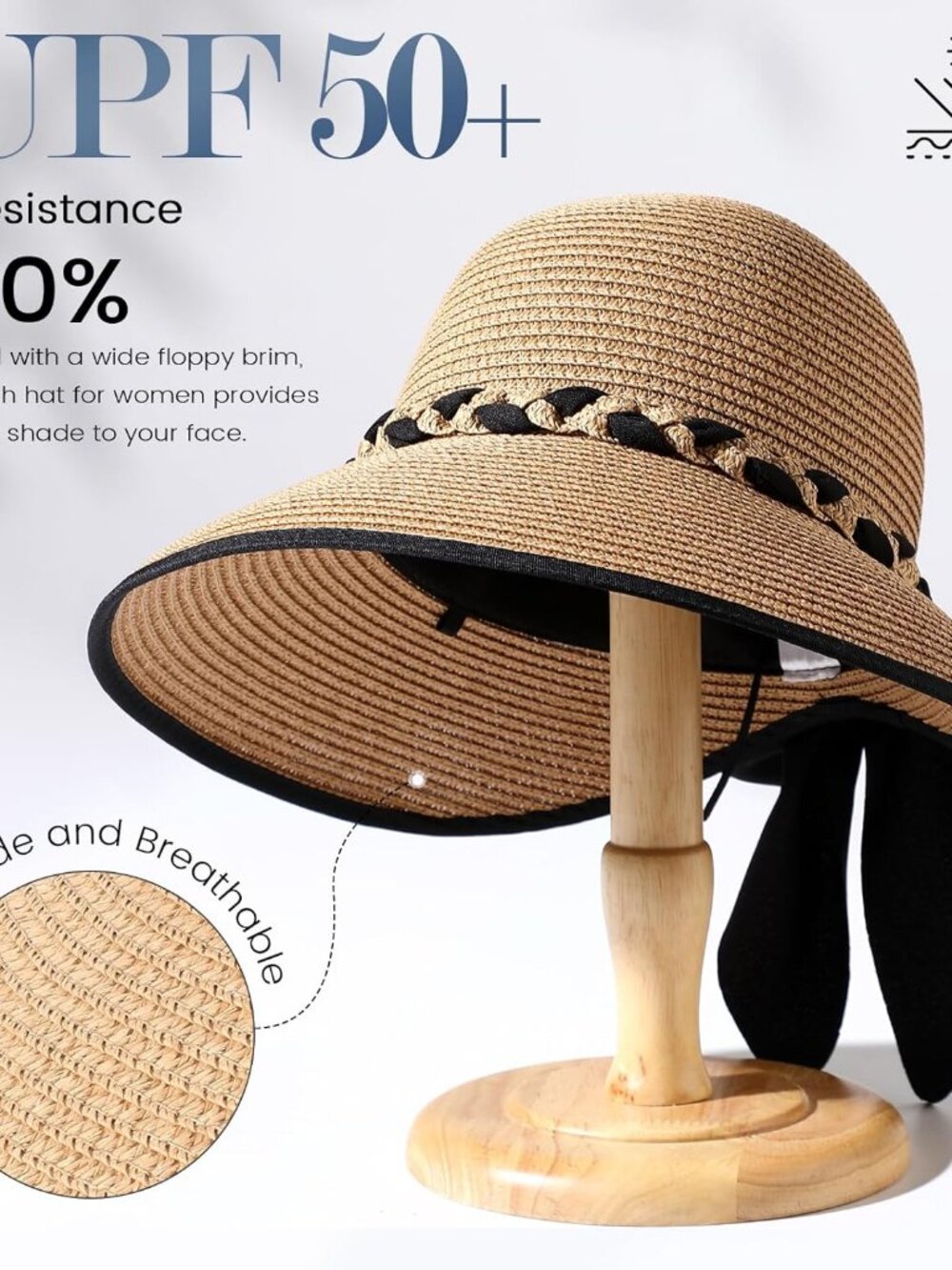 Women's Beach Sun Straw HatsUPF 50+ UV Sun Protection Wide Brim Deep Khaki - Picture 3 of 6